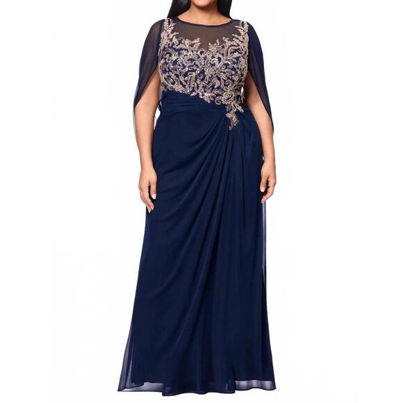 NEW BETSY & ADAM long sheer matte jersey cape back dress with applique in  navy/r